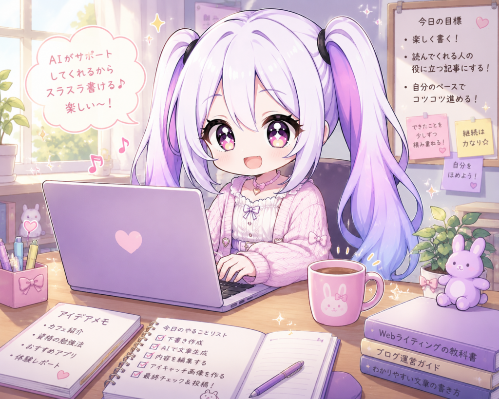 ノートパソコンで文章を書き、作業の目標を確認するキャラクターのイラスト